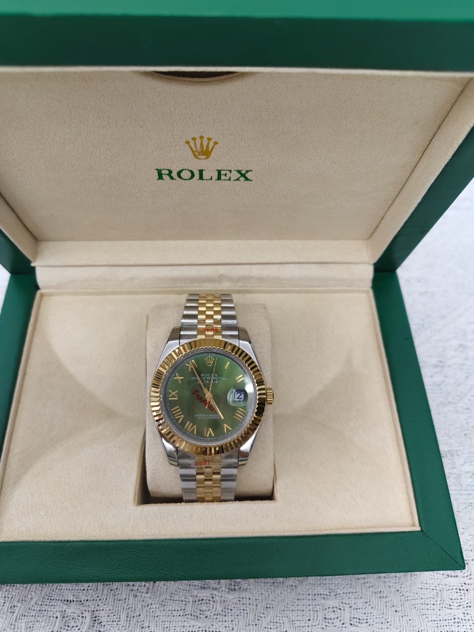 Rolex TwoTone Gold  Silver Watch With Green Dial